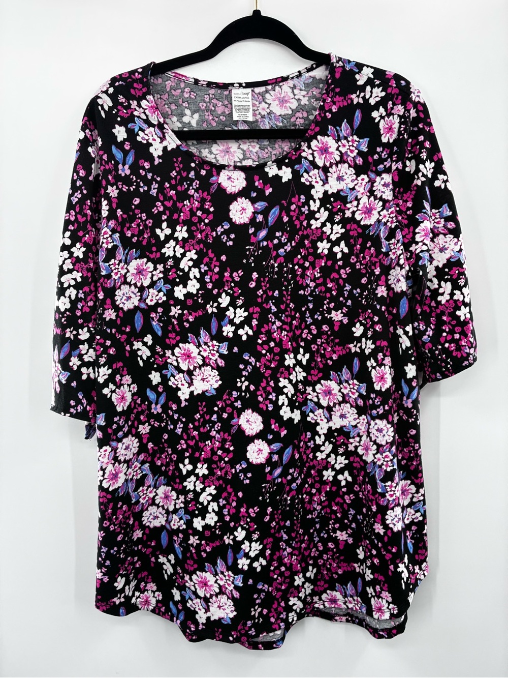 Westloop Floral Scoop Neck Women’s Top - Black with Pink/Purple Flowers size XL